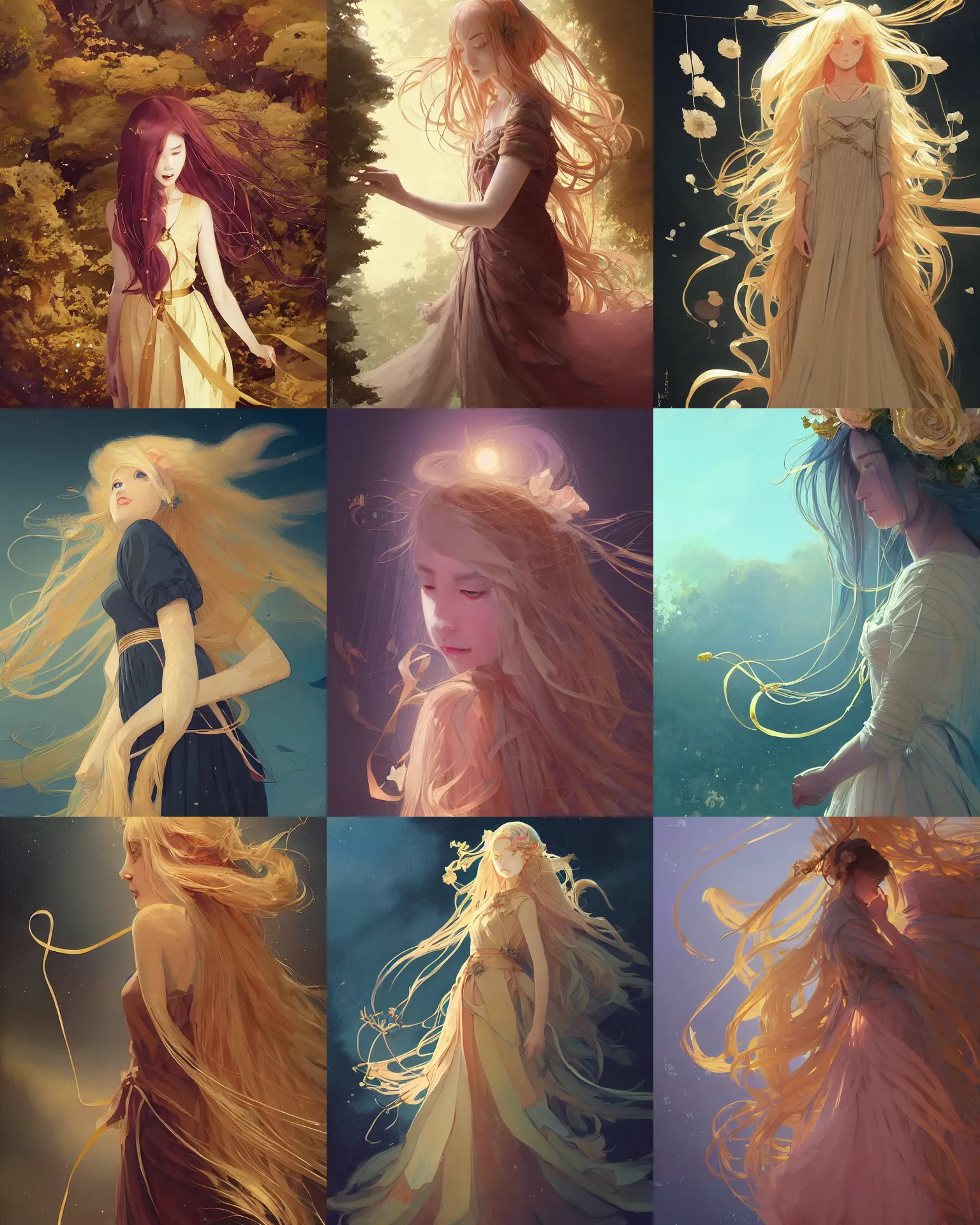 Prompt: museum curator of abstract work with long golden hair and a beautiful dress with ribbons, medium shot close up, details, sharp focus, illustration, by Jordan Grimmer and greg rutkowski and PiNe(パイネ) and 薯子Imoko and 香川悠作 and maya takamura, intricate, beautiful, Trending artstation, pixiv, digital Art