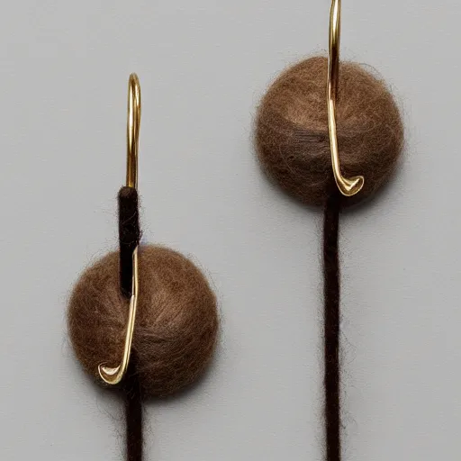 Prompt: a granite earring. It is decorated with alpaca wool and encircled with bands of birch. This object menaces with with spikes of emu leather.