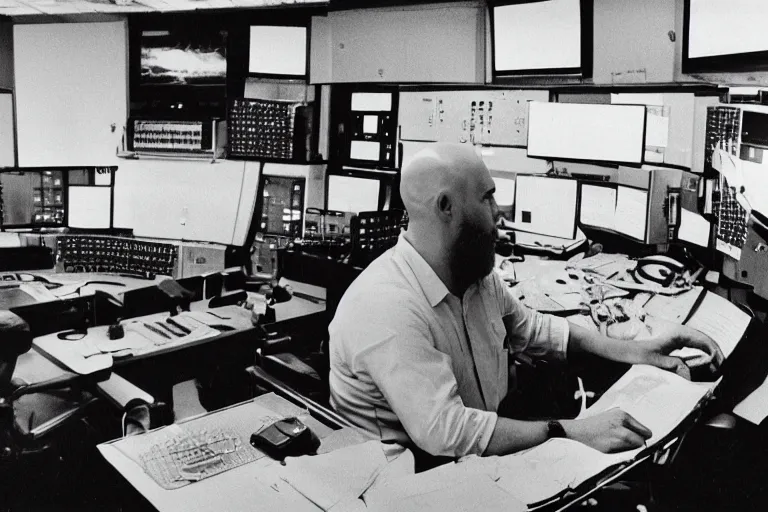 Image similar to movie heavyset bald man wearing a white shortsleeved shirt and blue jeans working in a nuclear silo control room by Roger Deakins