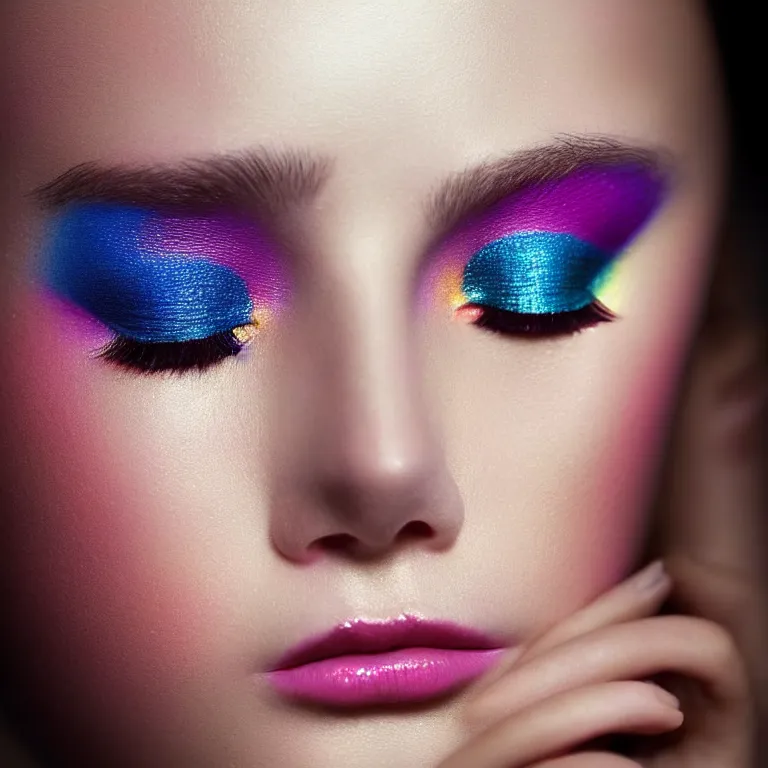 Image similar to amazing closeup portrait of a young woman with beautiful colorful make up by Sir John, Pat McGrath, perfect colorful eyeshadows, 50mm portrait, beautiful detailed intricate insanely detailed octane render trending on Artstation, 8K artistic photography, photorealistic, dramatic volumetric cinematic perfect light, chiaroscuro, award-winning photograph, masterpiece, Raphael, Caravaggio, harsh flash photography