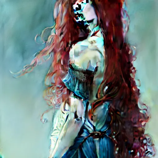 Image similar to portrait of teenage girl with long glossy red hair, blue eyes, fashion model features, fantasy, intricate, elegant, dress shirt and tie, highly detailed, digital painting, artstation, concept art, smooth, sharp focus, illustration, art by Krenz Cushart and Artem Demura and alphonse mucha