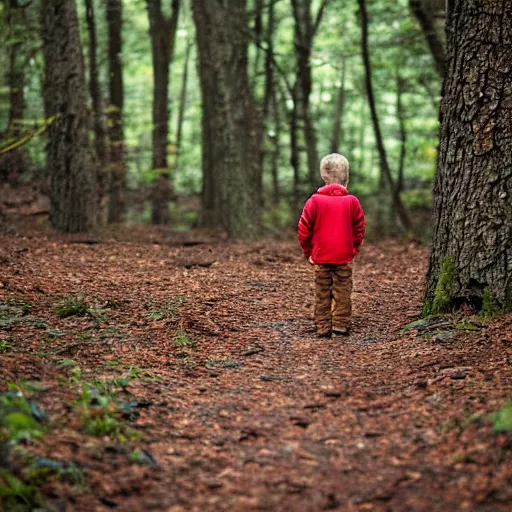 Image similar to A lost boy in the woods finds gingerbread crumbs, XF IQ4, 150MP, 50mm, f/1.4, ISO 200, 1/160s, natural light, Adobe Photoshop, Adobe Lightroom, DxO Photolab, Corel PaintShop Pro, rule of thirds, symmetrical balance, depth layering, polarizing filter, Sense of Depth, AI enhanced, sharpened, denoised, HDR, clean