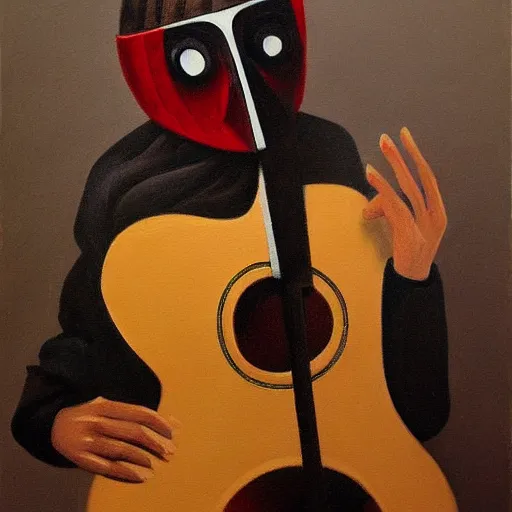 Prompt: a person with a mask playing a guitar, an ultrafine detailed painting by aleksander orłowski, artstation contest winner, sots art, concept art, da vinci, sketchfab