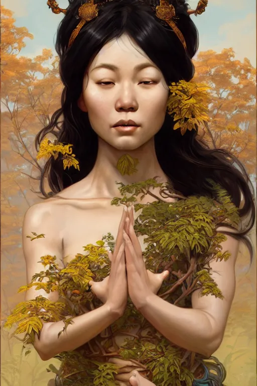Image similar to asian goddess of nature, accurate anatomy, only two hands, highly detailed, digital painting, artstation, concept art, smooth, sharp focus, illustration, Unreal Engine 5, 8K, art by Ross Tran and greg rutkowski and alphonse Mucha
