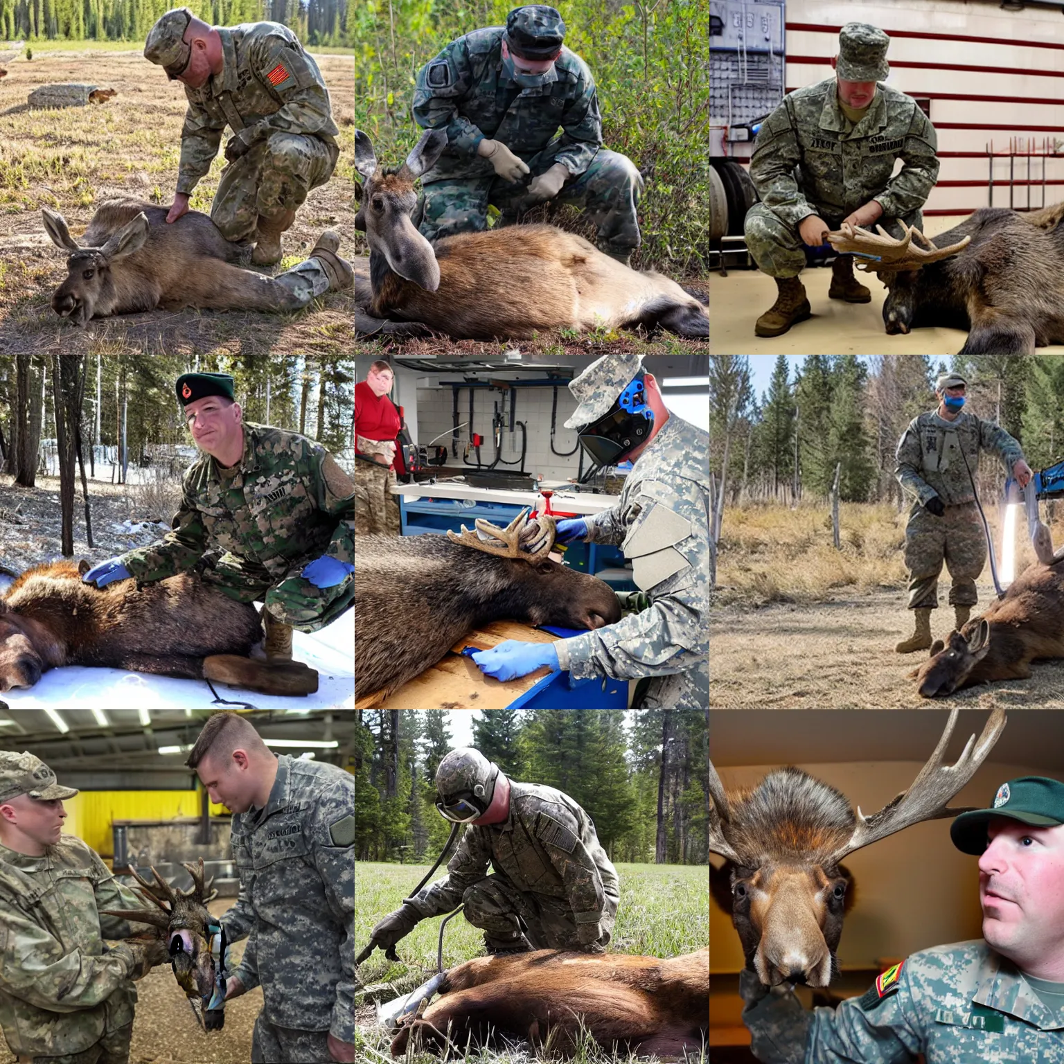 Prompt: A military man swaps a dead moose for welding electrodes