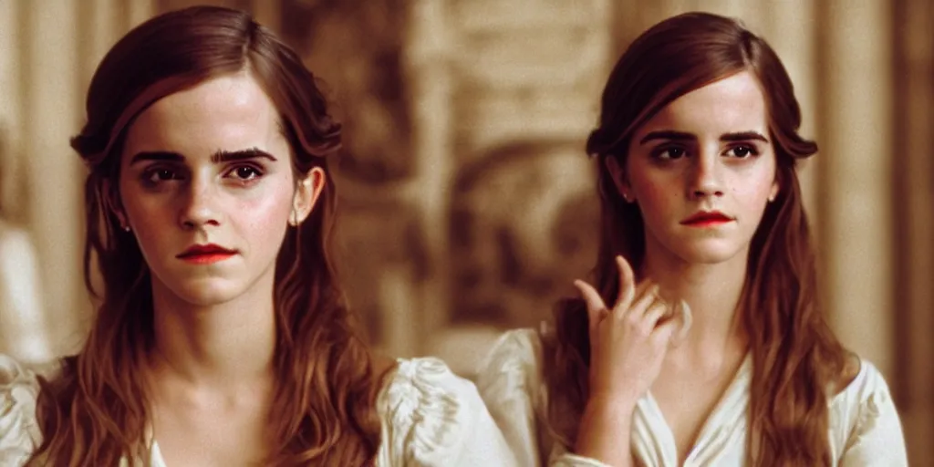 Prompt: Emma Watson identical twin sisters long hair flowing robes baroque room cinematic lighting stanley kubrick barry lyndon Canon eos M50 200mm