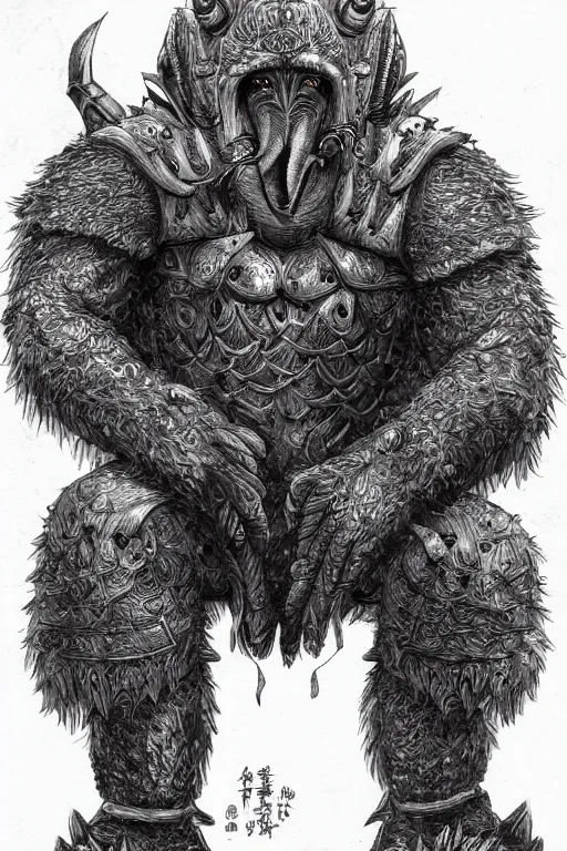 Image similar to armoured warrior baboon monster, symmetrical, highly detailed, digital art, plant themed armour, sharp focus, trending on art station, kentaro miura manga art style