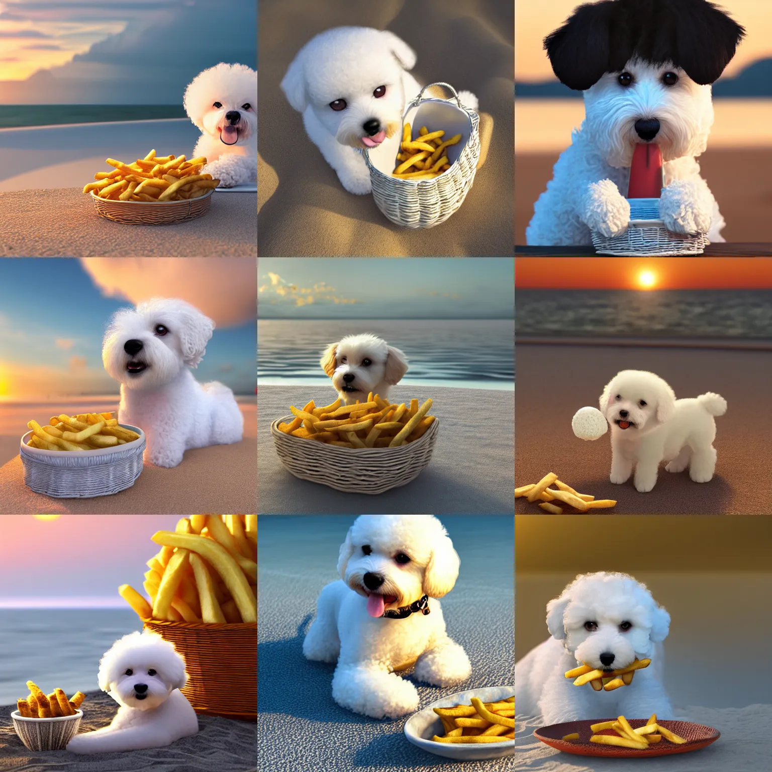 Image similar to a photorealistic photograph of a smiling knitted white bichon puppy eating basket of french fries during sunset at the beach Trending on artstation, featured on Behance, well-rendered, Unreal Engine, 4K HD