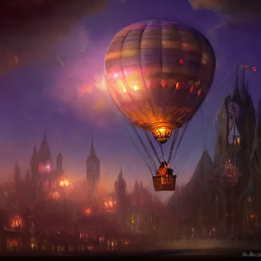 Image similar to a beautiful stunning fantasy whimsical matte digital illustration of a scene of a hot - air balloon powered by magic over a lit city at night by marc simonetti, pastel color palette, disney magic the gathering steampunk, chiaroscuro magical bokeh moon stars dramatic romantic epic breathtaking, trending on artstation hq, masterpiece