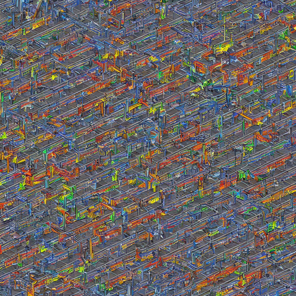 Image similar to train puzzle game. square grid of tracks. black background. top down 3 d rendered colorful trains and stations. trending on artstation. arnold render.