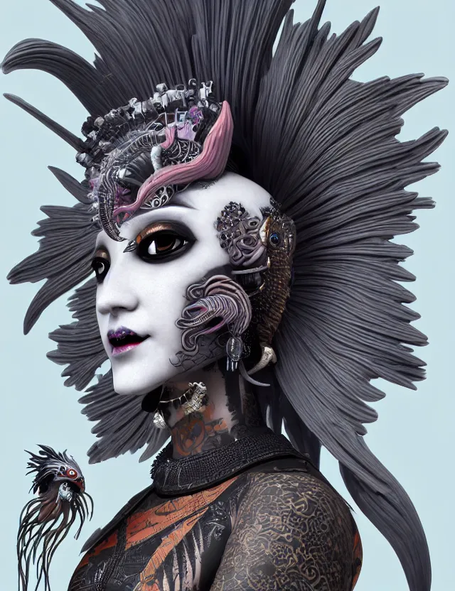 Image similar to 3 d goddess close - up profile portrait punk with mohawk with ram skull. beautiful intricately detailed japanese crow kitsune mask and clasical japanese kimono. betta fish, jellyfish phoenix, bio luminescent, plasma, ice, water, wind, creature, artwork by tooth wu and wlop and beeple and greg rutkowski