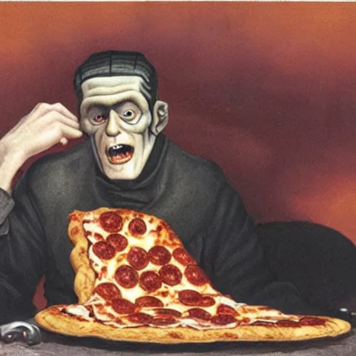 Image similar to frankenstein eating a slice of pizza with his mouth wide open