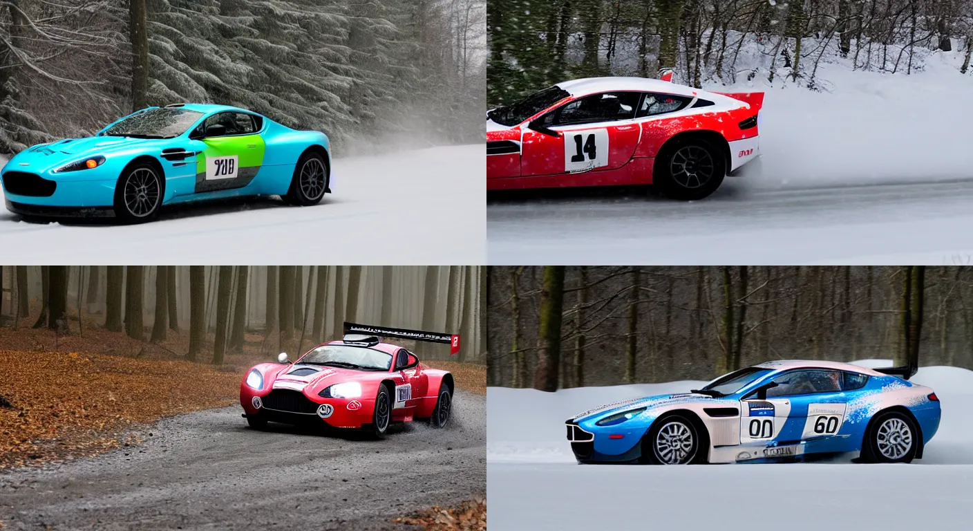 Prompt: a 2 0 1 1 lola b 0 8 / 6 2 aston martin, racing through a rally stage in a snowy forest