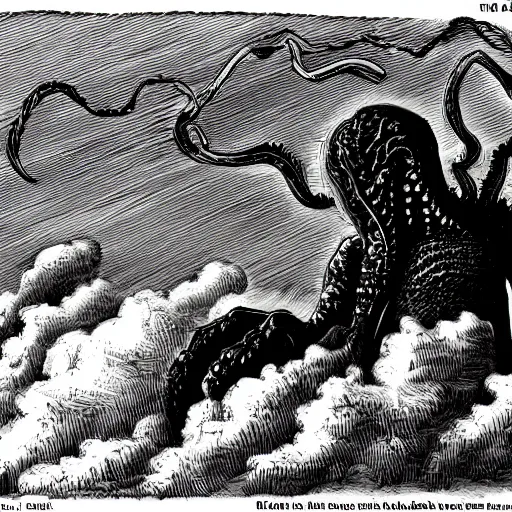 Prompt: A lovecraft monster descending from the clouds. End of the world.