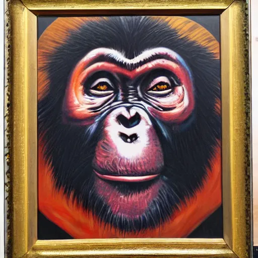 Image similar to portre of an autistic demonic chimpanzee on acid, masonic and kabalistic symbols in background, oil painting