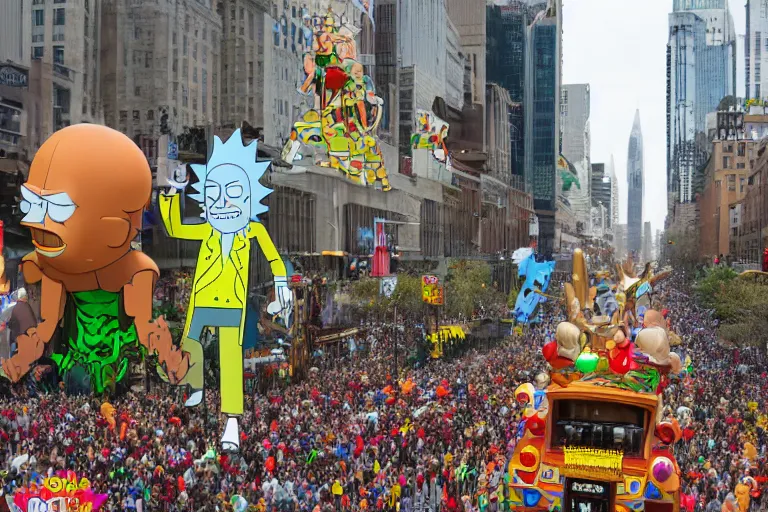 Image similar to photo of giant elaborate parade float designed by geoff darrow!!!! and ( ( ( ( ( ( rick and morty ) ) ) ) ) ), in the macys parade, detailed 4 k photo