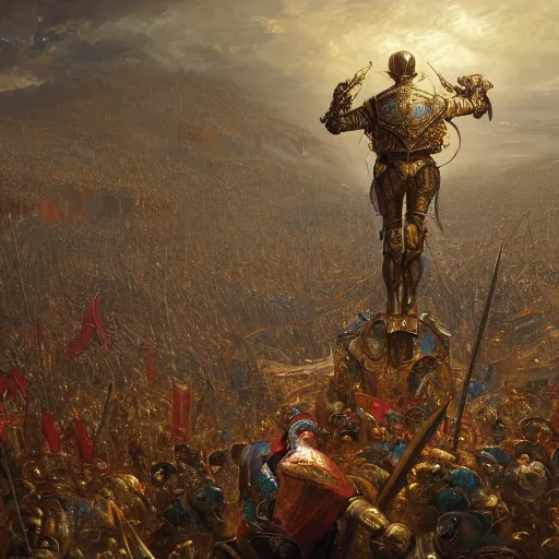 Image similar to artstation concept of a man in armor standing in a crowd gettig cheered, man with arms wide open, bright colorful, gold, hyperdetailed, artstation trending, world renowned artists, worth 1 0 0 0. com, historic artworks society, antique renewel, cgsociety, by greg rutkowski, by gustave dore, deviantart