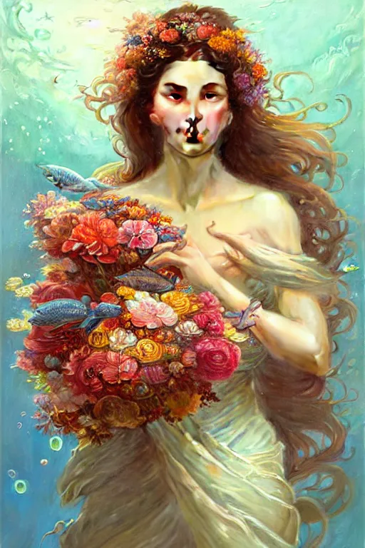 Image similar to portrait of a beautiful mysterious woman holding a bouquet of flowing flowers, small bubbles from her mouth, hands hidden under the bouquet, submerged underwater filled with colorful small fish and coral reef, fantasy, regal, intricate, by stanley artgerm lau, greg rutkowski, thomas kindkade, alphonse mucha, loish, norman rockwell