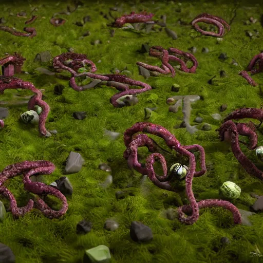 Image similar to voidless of the festival!, The Graveyard, blood moon tentacles!!, outsider art!!!, The ego separates by Wojciech Siudmak!!!!, large group of crabs and worms, crawling along a bed of moss, low poly, creeper world, handcrafted, artstation, hyperrealistic, hard light, best practices, creeptastic, photorealism, macro perspective, cuddly