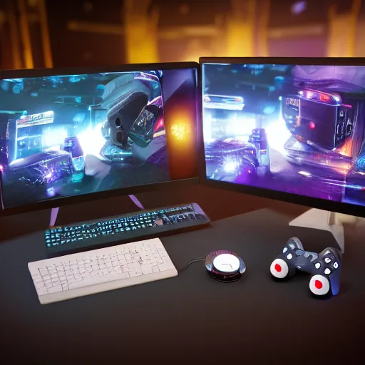 Image similar to gaming setup from future, cyberpunk style, product photo, octane render, ray tracing, unreal render, ultra detail, no noise, isometric, full view