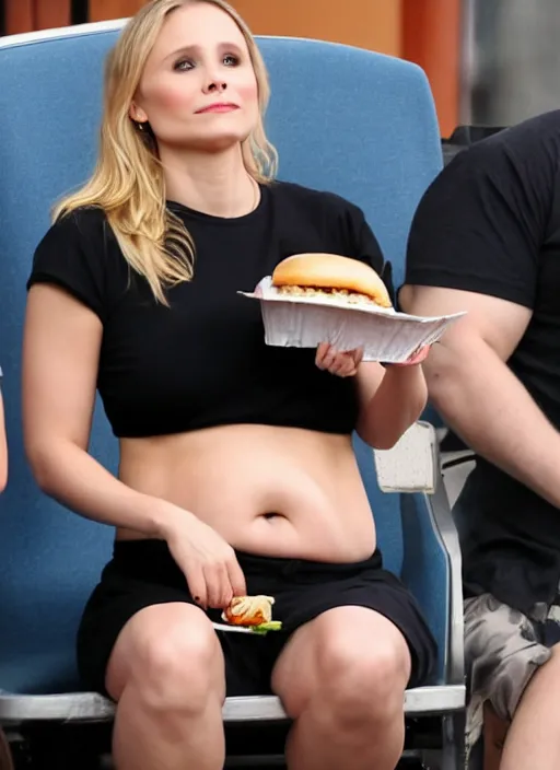 Image similar to chonky chubby kristen bell sitting eating a hamburger with her belly sticking out of her shirt