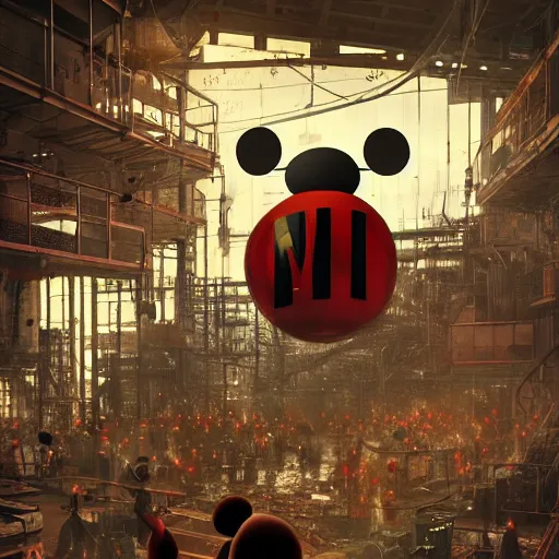 Prompt: a giant mickey mouse head, factory floor, surrounded by factory workers, octane render, cgstation, 3 d render, very detailed, mindblowing, blood and guts, gritty, cyberpunk, cinematic lighting, hyper realism, netflix logo