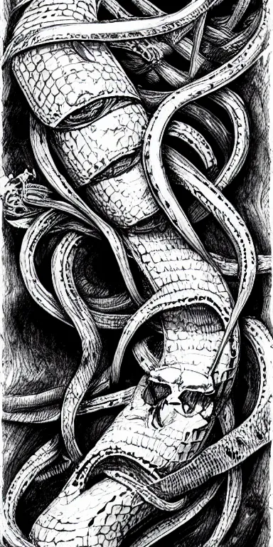 Image similar to surreal snake skeleton ink illustration highly detailed beautiful concept art bw