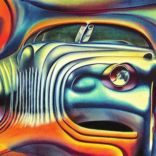 Image similar to impressionist surreal distorted painting of a car from the 4 0 s