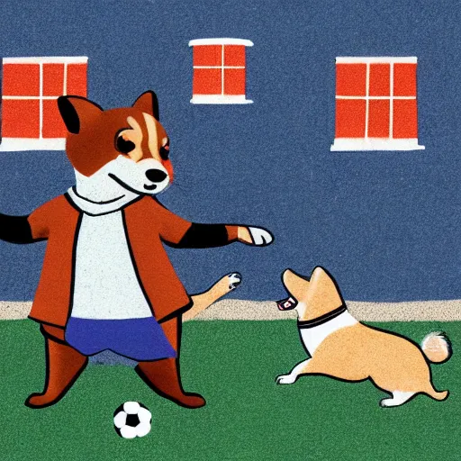 Image similar to illustration of french boy in paris playing football against a corgi, the corgi is wearing a polka dot scarf