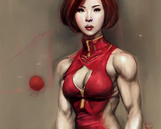 Image similar to portrait of samus aran as a very attractive happy female bodybuilder wearing chinese qipao, elegant, fantasy, hd shot, digital portrait, beautiful, artstation, comic style, by artgerm, guy denning, jakub rozalski, magali villeneuve and charlie bowater