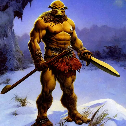 Image similar to anthropomorphic turtle barbarian humanoid by frank frazetta, carapace, blizzard, winter, night, furs, fantasy