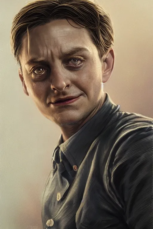 Image similar to a beautiful ultradetailed vintage photo of a toby maguire crying while playing spider man, by tom bagshaw and anna dittman, portrait, 2 4 mm lens, golden ratio composition, detailed face, studio photography, very detailed, humanoids, industrial robots, artstation, 8 k, highly coherent