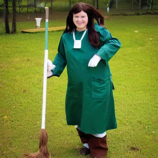 Image similar to a nurse with long brown hair and wearing green scrub nurse uniform riding on a broomstick like a witch