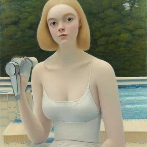 Prompt: Painting of Elle Fanning at the pool, long blonde hair, delicate, pale milky white porcelain skin, by Grant Wood. 8K. Extremely detailed.