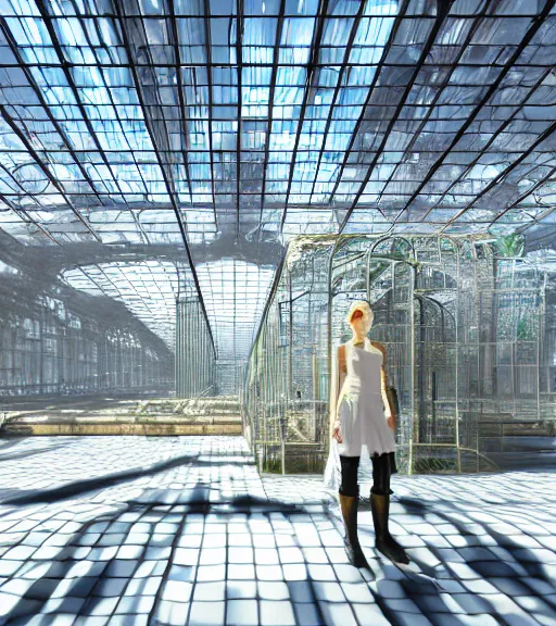 Prompt: cyberpunk majestic condensed glass structure, architecture of purification, white lab in the wild, desert white greenhouse, cyber installation, ancient atmosphere, trending on artstation, corona render, award winning, archviz, matte painting, sunrays, ethereal, desert, masterpiece, epic