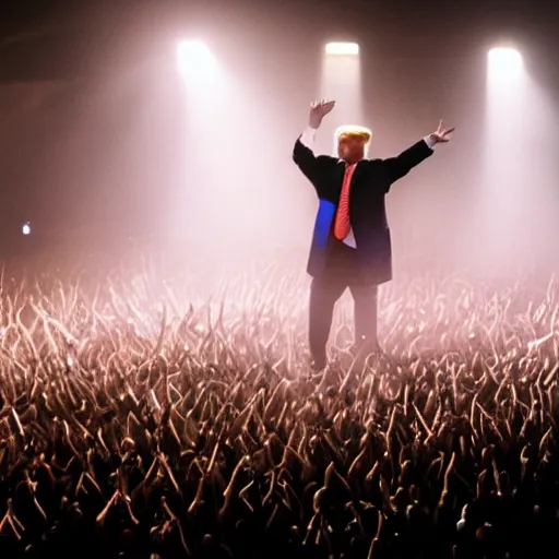 Image similar to donald trump headbanging on stage as the lead singer in a black metal band, full makeup, large crowd, 5 0 mm lens, volumetric lighting