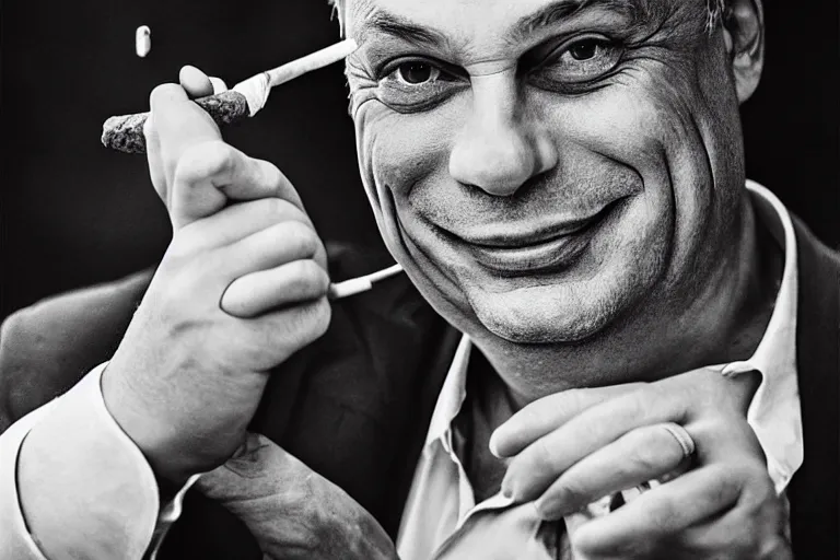 Prompt: viktor orban drinking champagne, smoking cigar, laughing hard, highly detailed face, by peter lindbergh