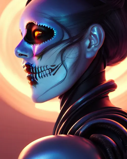 Image similar to side portrait of female android, sharp focus, sci - fi, fantasy art, digital illustration, dia de los muertos. octane render, unreal engine. concept art. art by artgerm and wlop and giger and greg rutkowski and rossdraws and alphonse mucha and gallen - kallela, 8 k, hdr