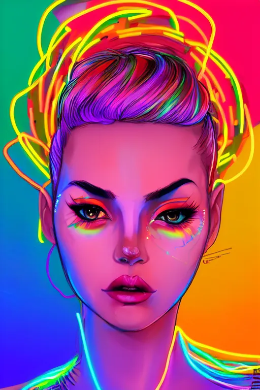 Image similar to a award winning portrait of a beautiful woman with stunning eyes in a one off shoulder crop top and cargo pants with rainbow colored hair, outlined by whirling illuminated neon lines and fine lines swirling in circles by greg tocchini, digital art, trending on artstation