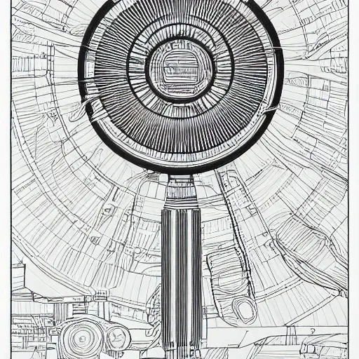 Image similar to Simplistic coloring book of a turbine blueprint, black ball pen on white paper, by Josan Gonzalez and Geof Darrow