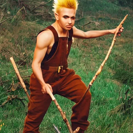 Prompt: an elf with spiky blonde hair wearing tan overalls and holding a stick of dynamite