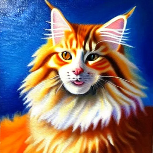 Prompt: beautiful oil painting of an orange maine - coon with a white beard. wearing a white sombrero