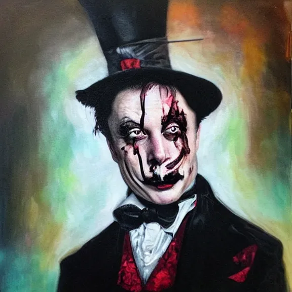 Prompt: elon musk as the grim-hatter with evil mustache grinning, cinematic, dark oil paint, realistic flavor, decaying rich colors!, instagram photo