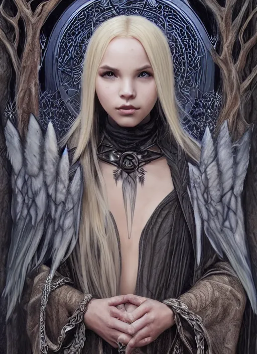 Prompt: mystical gothic mage blonde braided hair dove cameron, spirit wolf, mountain, heavy cloak, black leather accents, cloth jerkin, dead forest, fantasy character portrait, ultra realistic, intricate, elegant, highly detailed, digital painting, artstaion, smooth, sharp, focus, illustration, art by artgerm and greg rutkowski and alphonse mucha