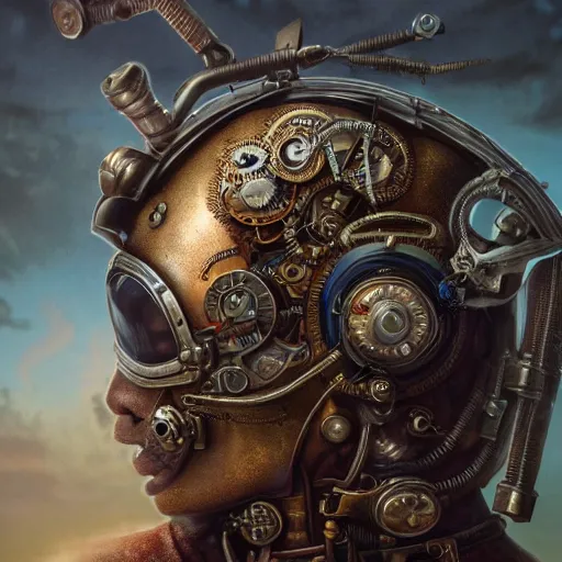 Prompt: dan mumford tom bagshaw, dream world curiosities carnival flying, photorealistic octane render of a single very beautiful helmet full long steampunk metallic armored ornate female, accurate features, focus, very intricate ultrafine details, award winning masterpiece, steampunk world spikes