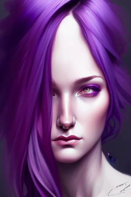 Image similar to Purple hair, creative colouring Portrait of woman, fashion, intricate, elegant, highly detailed, digital painting, artstation, concept art, smooth, sharp focus, illustration, art by artgerm and greg rutkowski and alphonse mucha