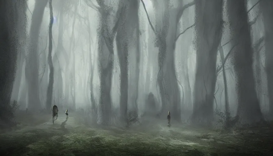 Image similar to trees with human faces walking into dark forest, fog, hyperdetailed, artstation, cgsociety, 8 k
