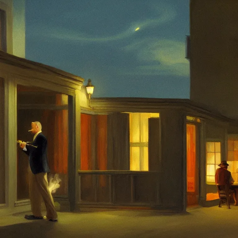 Image similar to a storybook illustration of anthony hopkins smoking at night, fireflies, quiet night scene painted by Edward Hopper masterpiece, intricate, elegant, fantasy, highly detailed, digital painting, concept art, sharp focus, artstation