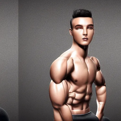 Prompt: a realistic detailed photo of a guy who is an attractive humanoid who is half robot and half humanoid, who is a male android, attractive and handsome joggers, shiny skin, posing like a statue, blank stare, in a gym, on display, showing off his muscles, wearing gym shorts, side view, looking at each other mindlessly