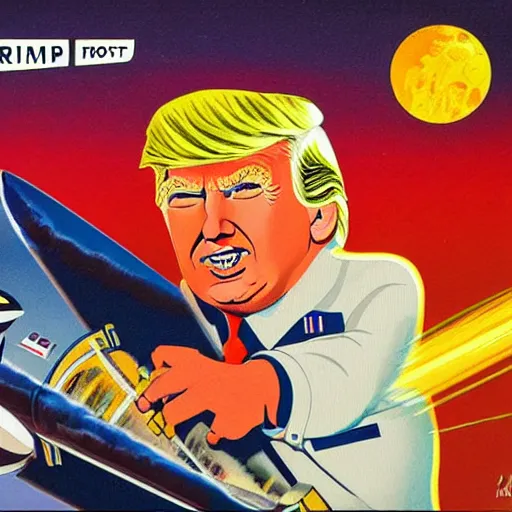 Prompt: donald trump as rocket pilot, pulp art, full color, space art,